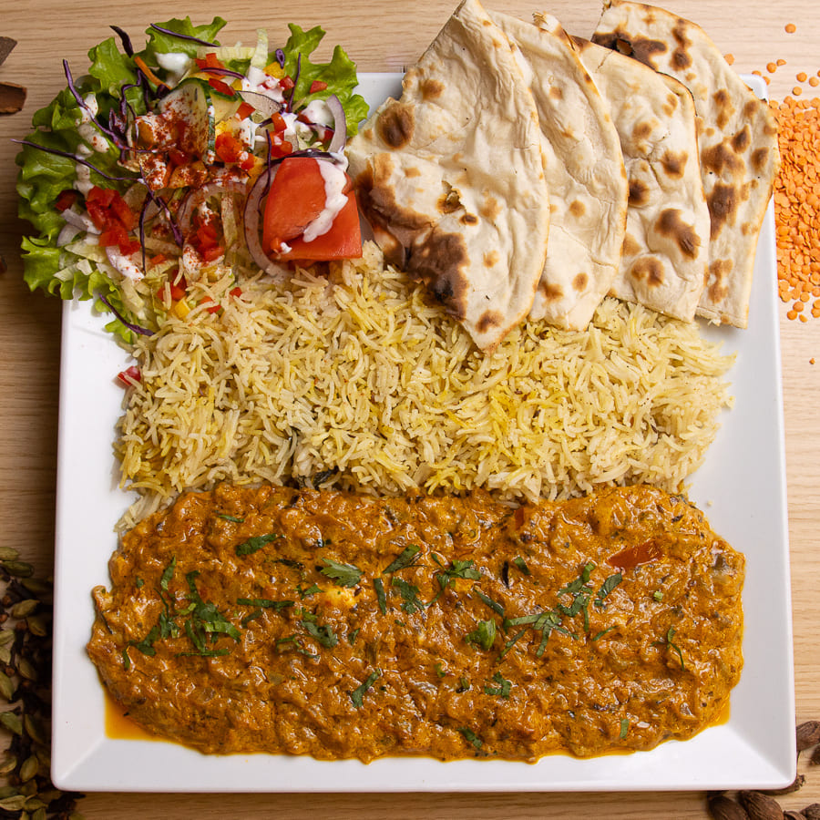 Assiette Baingan Bartha - Curry d'aubergines épicé Goa Fast Food Grenoble